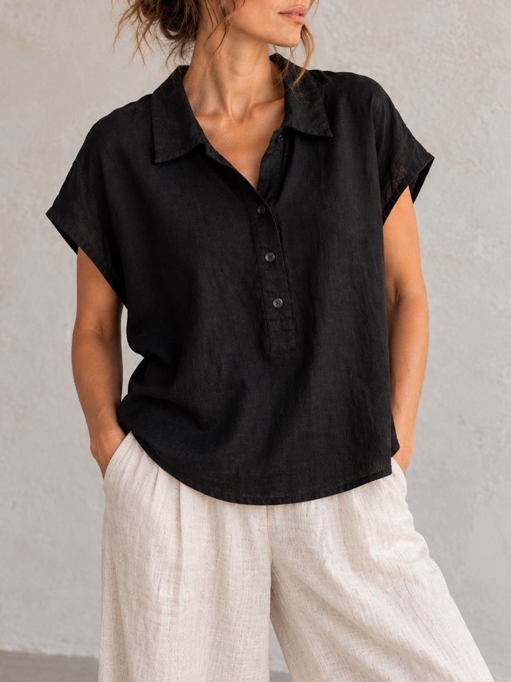 Chico’s Black 100% Linen Shirt XL Button Front Relaxed Lagenlook Minimalist